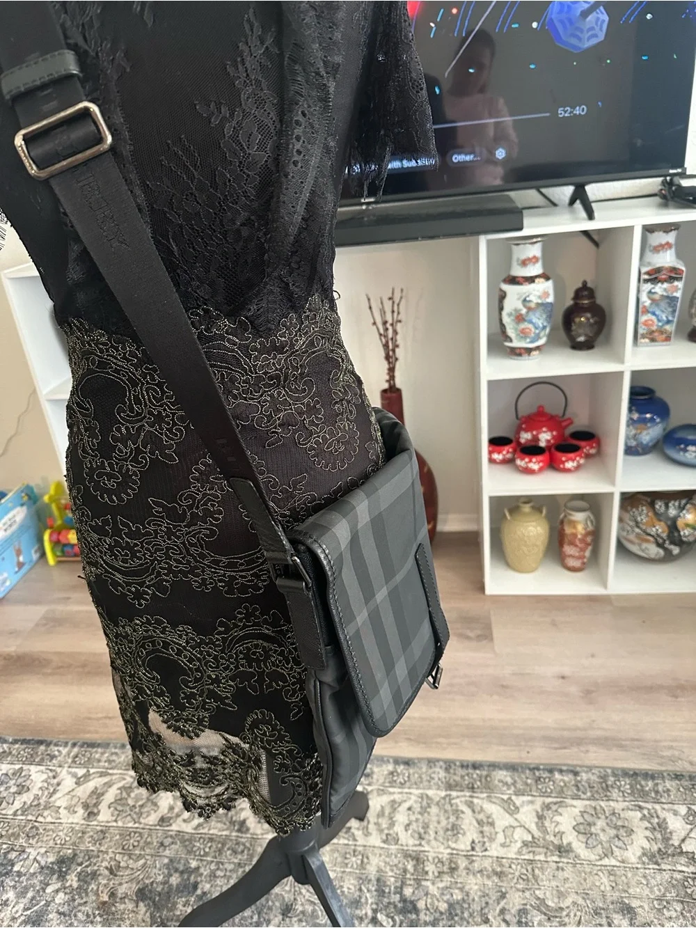 Burberry Black and Gray Check Cross Body Bag for Men
